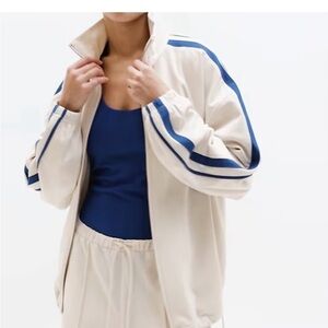 Athleta NWT Cream Track Jacket with Blue Stripes s